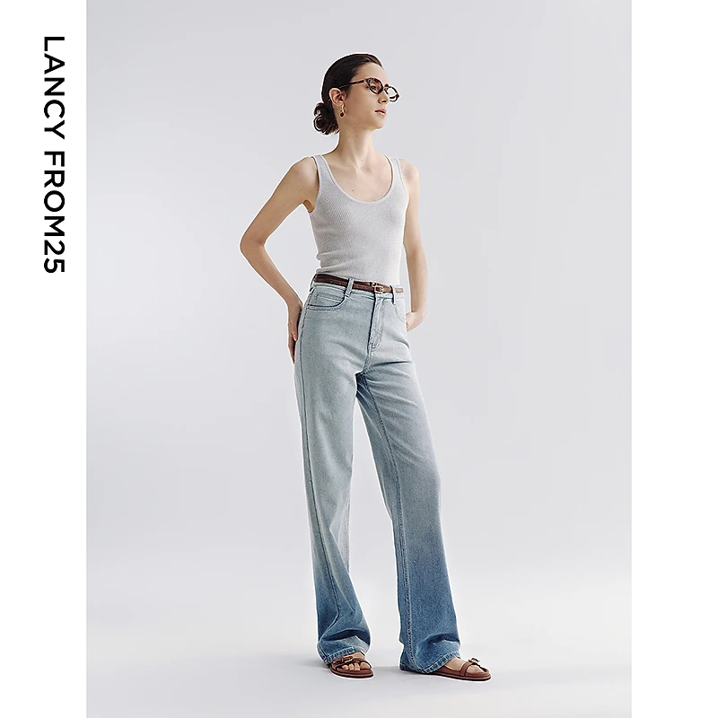 朗姿棉质渐变蓝色阔腿牛仔裤2025年夏季新款设计感高腰直筒气质裤