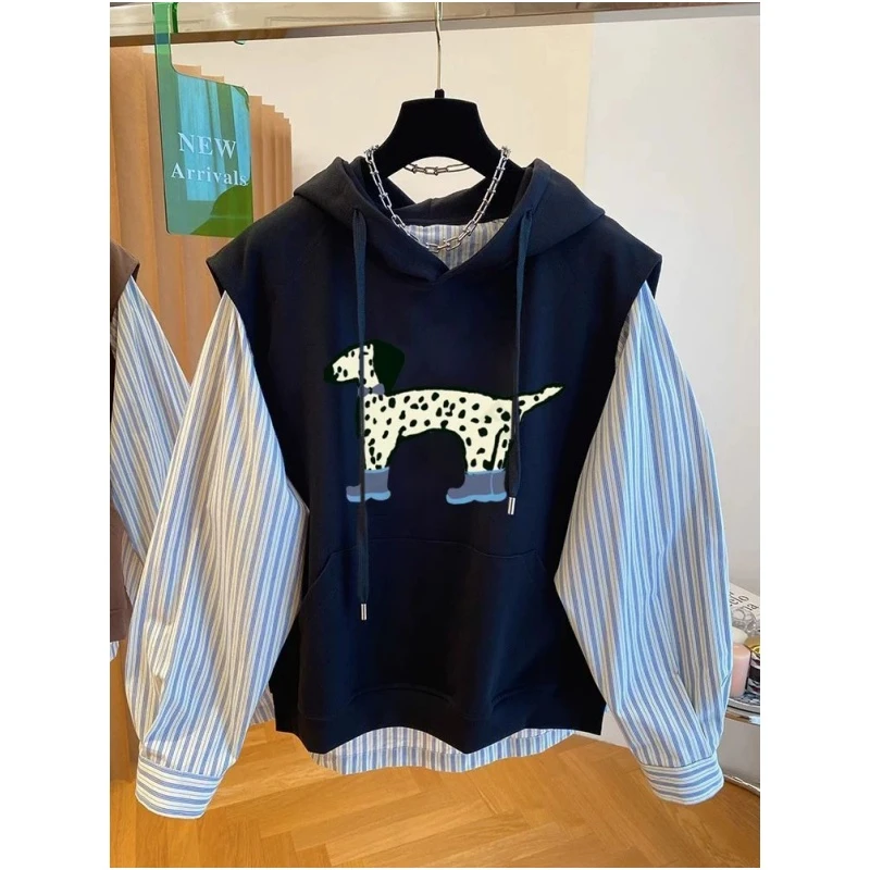 韩式300斤特大码卡通别致条纹卫衣初秋男女慵懒潮流假两件连帽衫