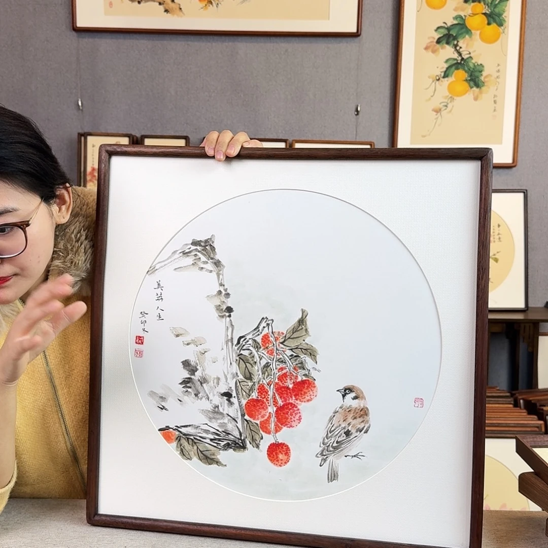 国画纯手绘，纯手写带框尺寸：53×53厘米
