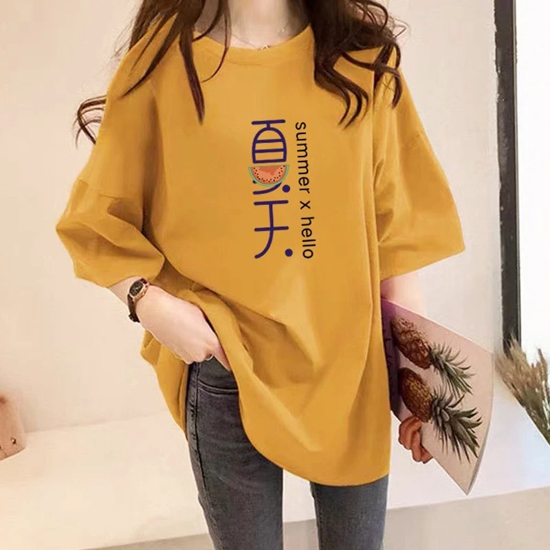 纯棉黄色短袖t恤女微胖mm大码女装宽松百搭洋气遮肚子女士上衣服