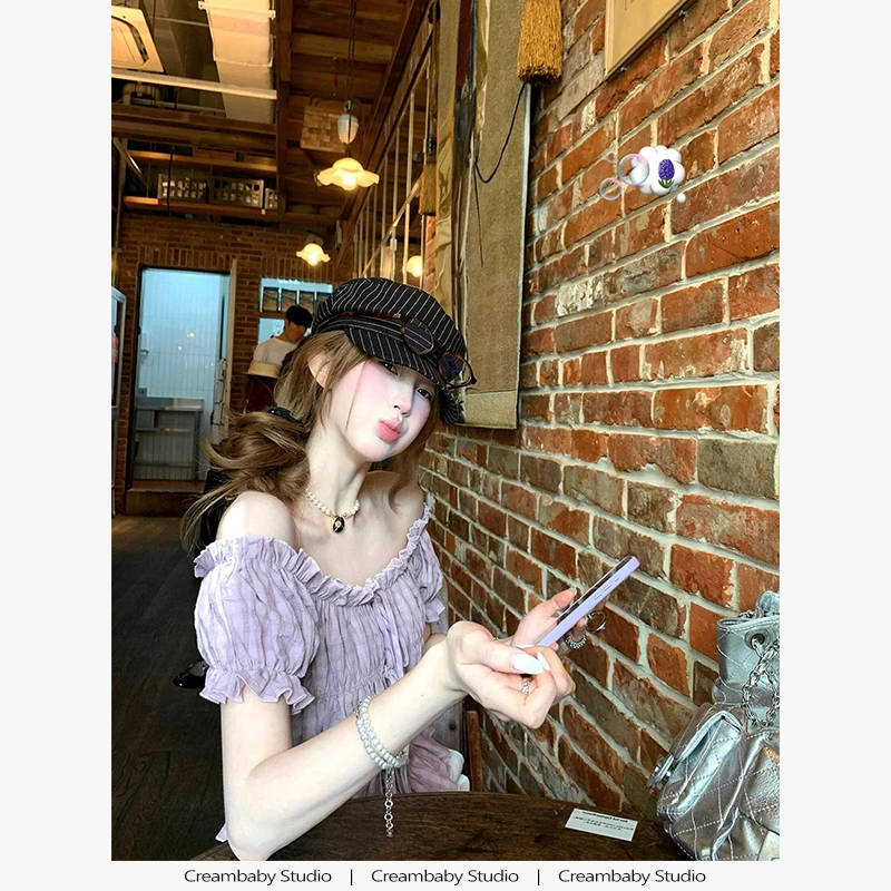 DAHUAN大荒家 紫色松紧系带泡泡袖打揽一字肩上衣设计感小众