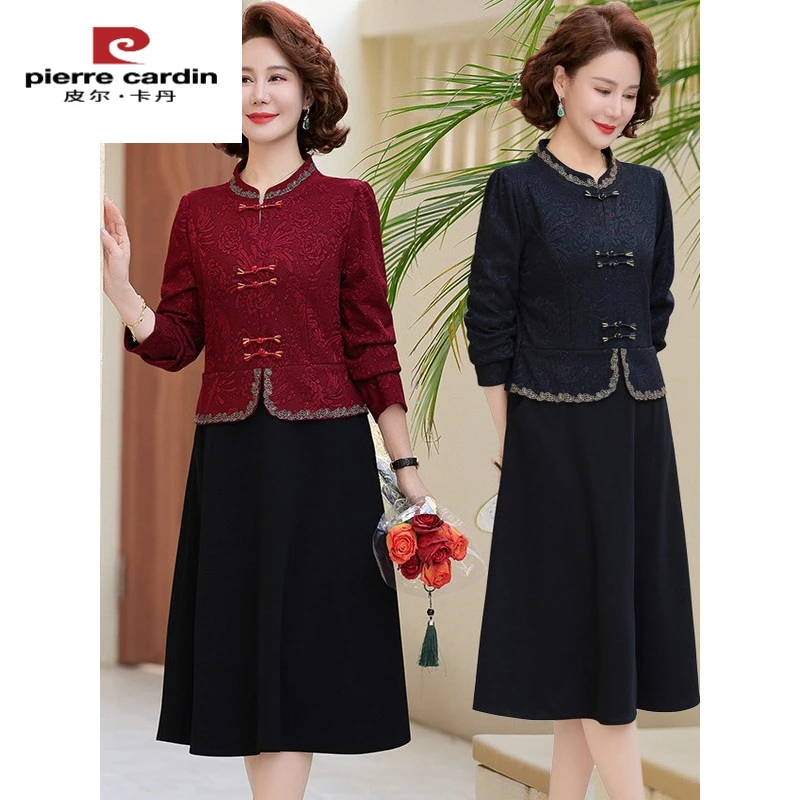 皮尔卡丹新款年新款妈妈春秋连衣裙中老年女气质流行国风假两件女