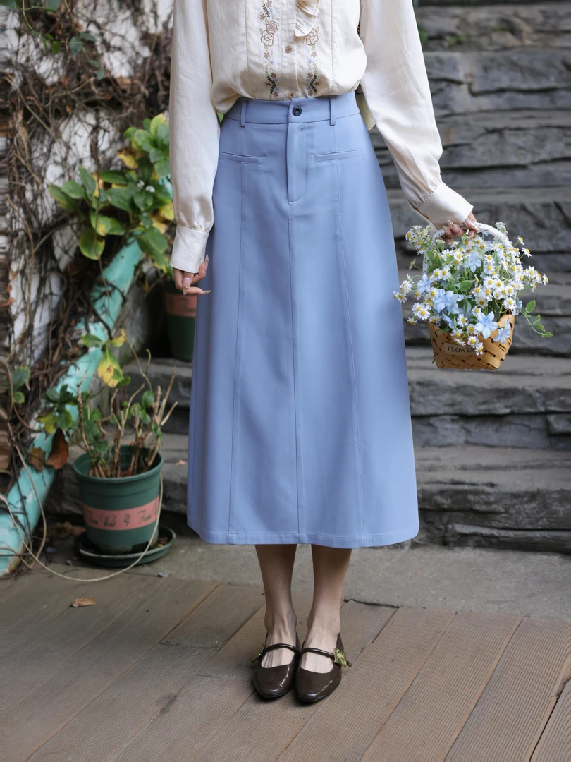 温敏er【云水蓝】港风高腰百搭复古半身裙MN122400