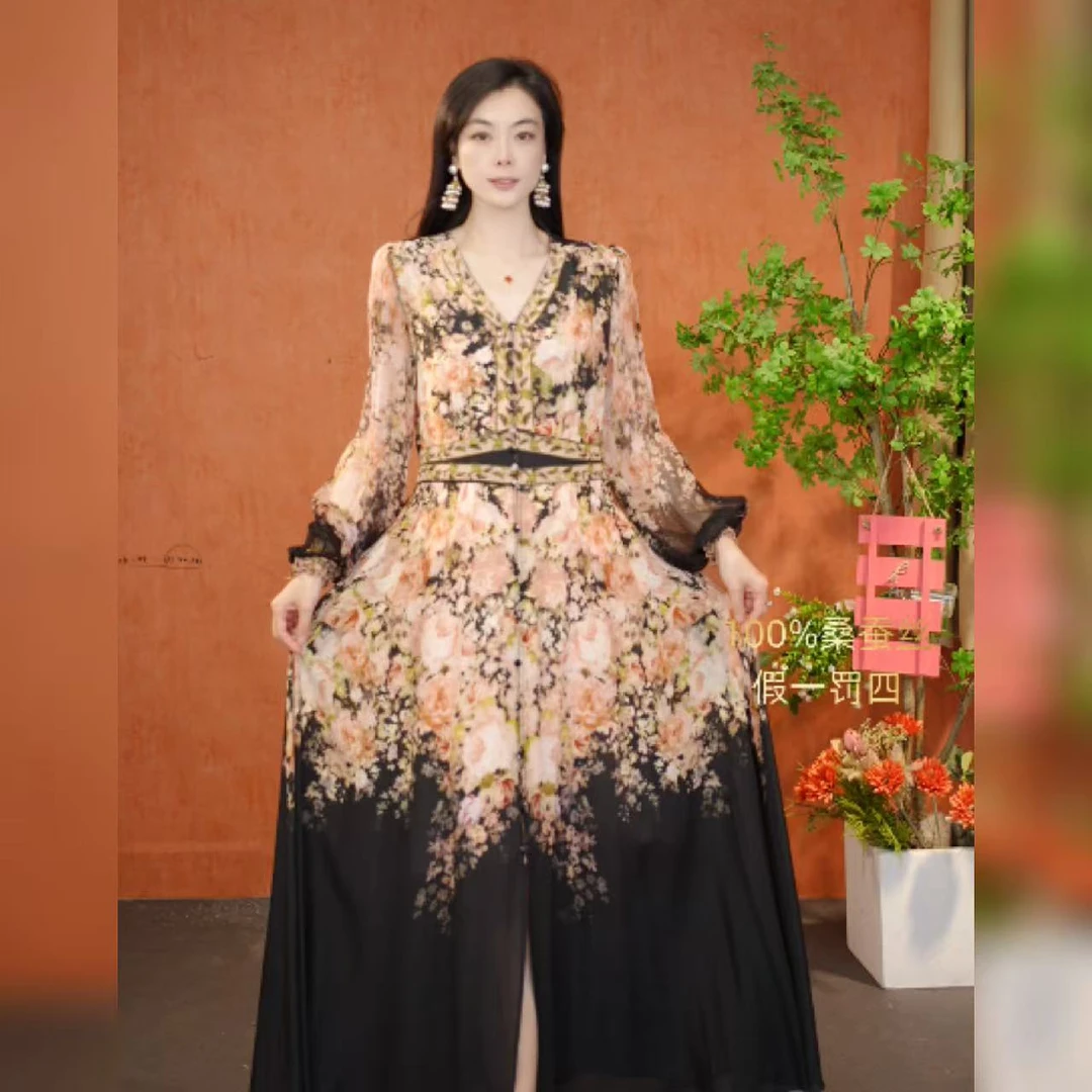 【多米拉】00525倾城繁花高贵V领复古夏季连衣裙气质时尚百搭日常