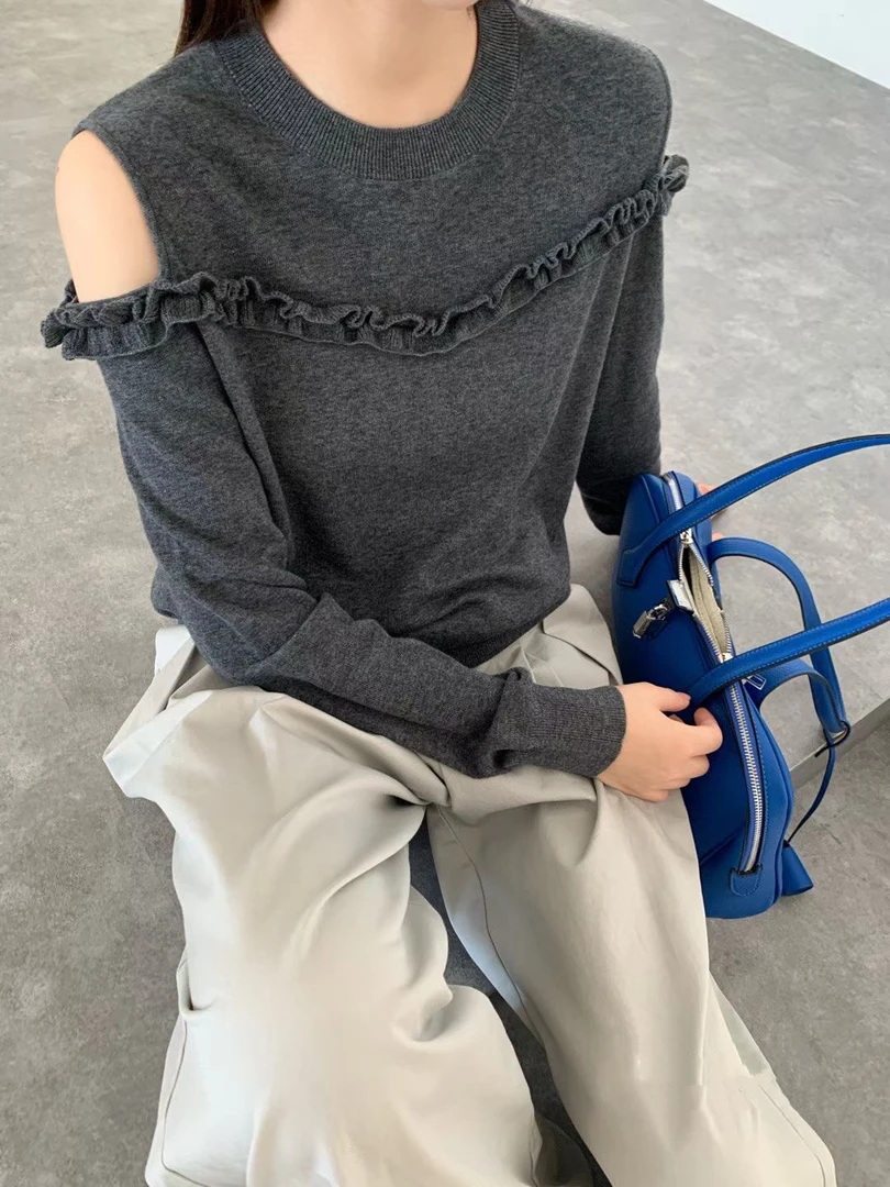 MGN25秋冬新款女【羊毛花边漏肩设计】时尚百搭显瘦圆领长袖针织衫