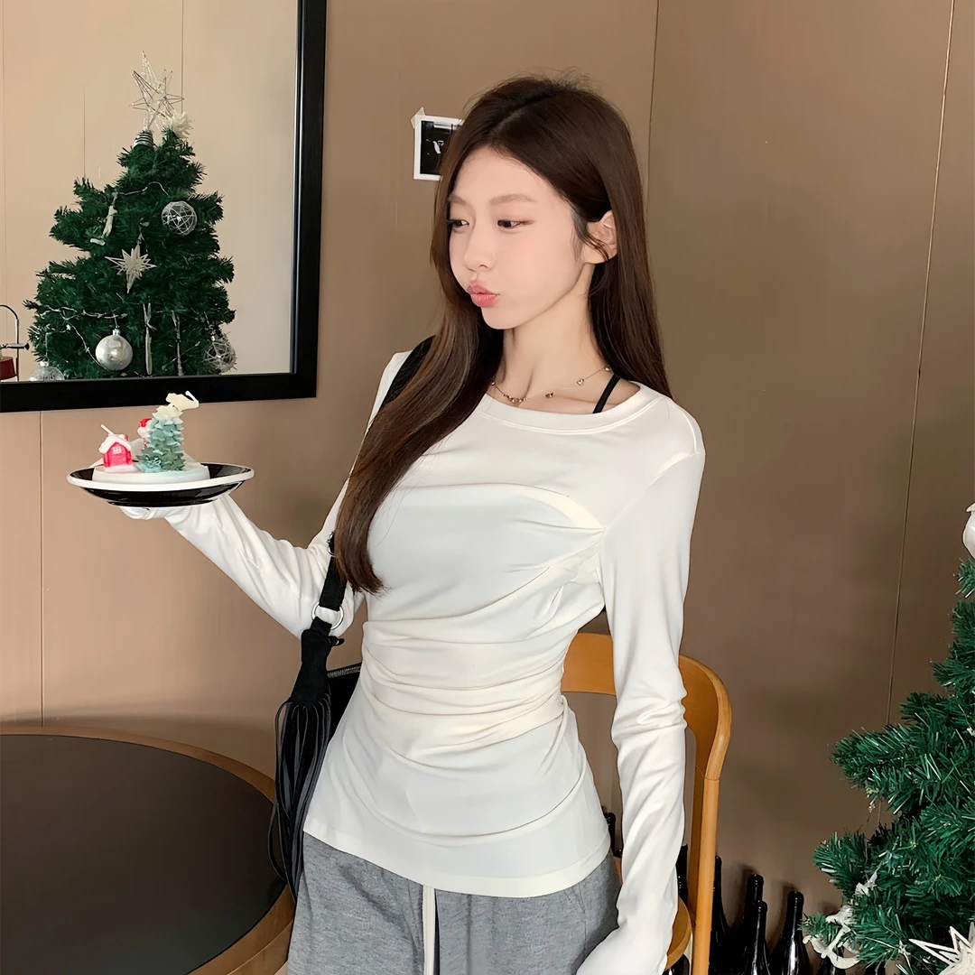 韩系温柔入秋衣服女长袖T恤休闲ins褶皱设计感修身时尚不规则小衫