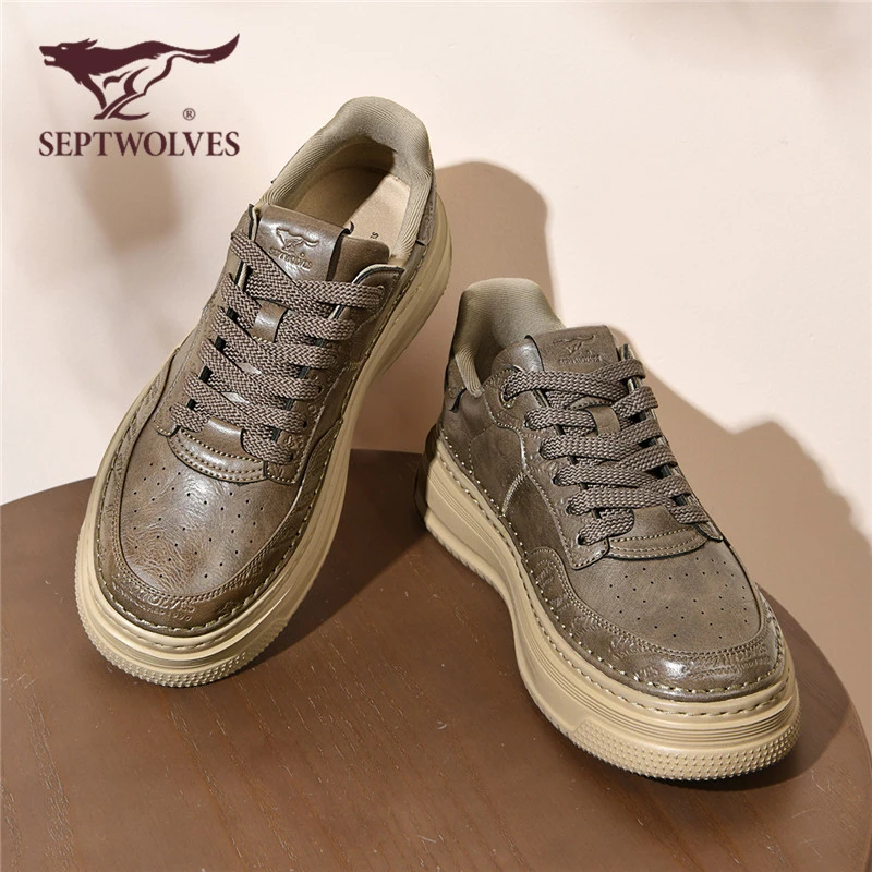 七匹狼男鞋2025新款秋季复古休闲皮鞋男款内增高厚底百搭运动板鞋