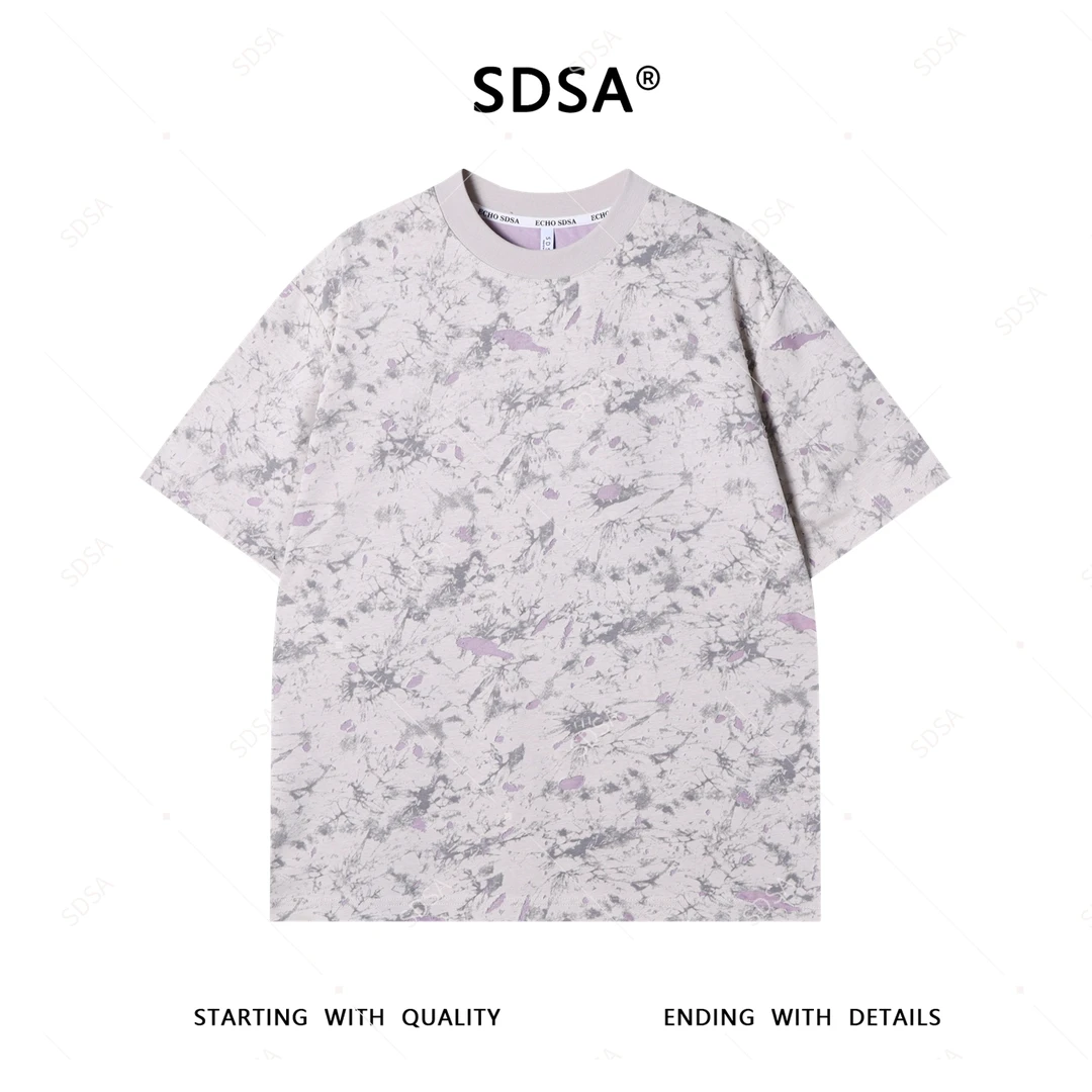 SDSA男士短袖t恤2025新款轻痞帅男装扎染割破撞色圆领上衣慵懒风
