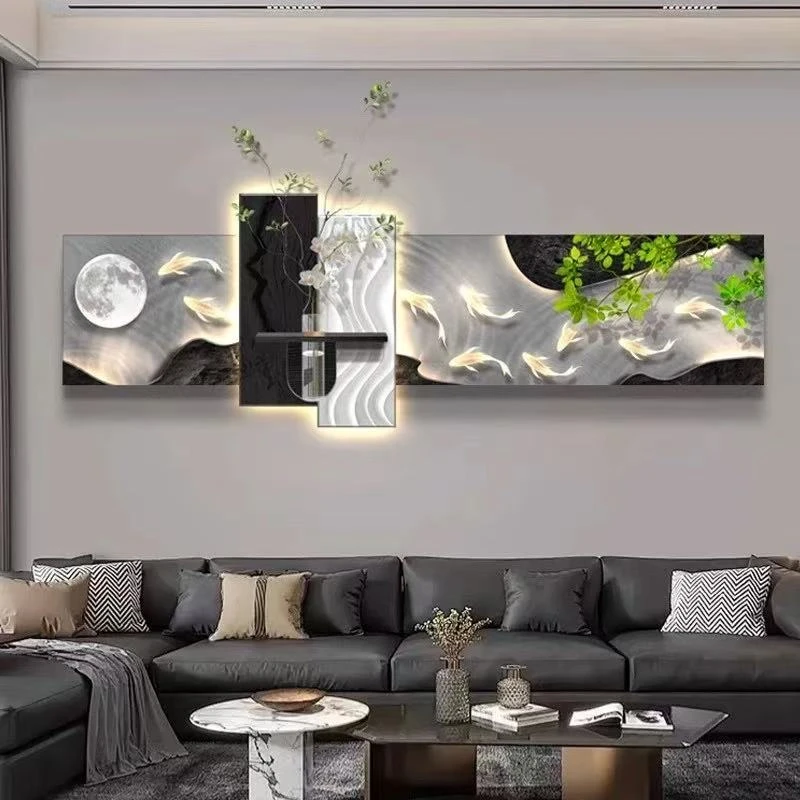 九鱼图客厅装饰画高级感沙发背景墙挂画现代轻奢水培绿植灯画挂画