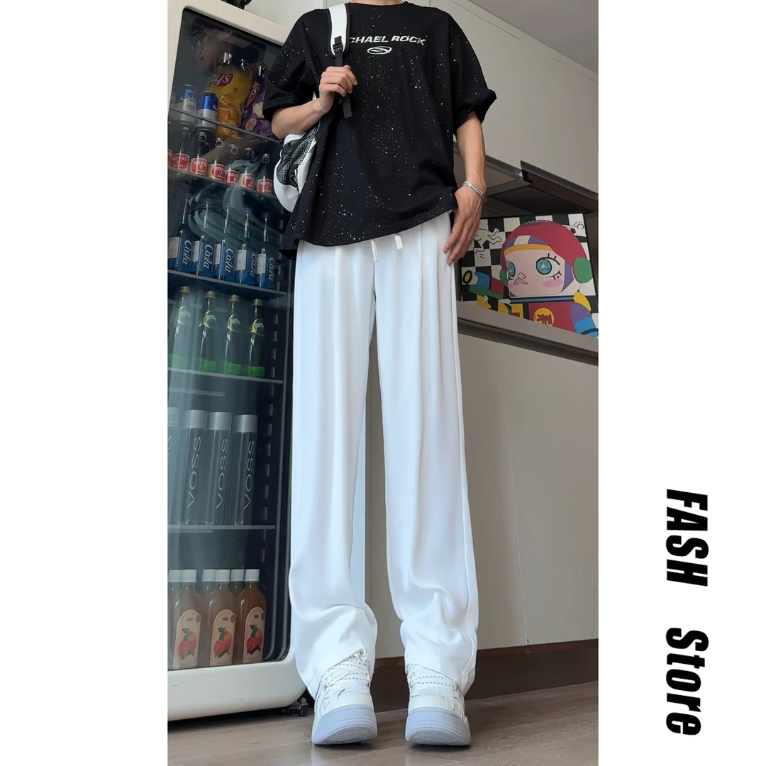 宽松直筒冰丝休闲裤男装夏季薄款高级感黑色慵懒风垂感阔腿西裤子