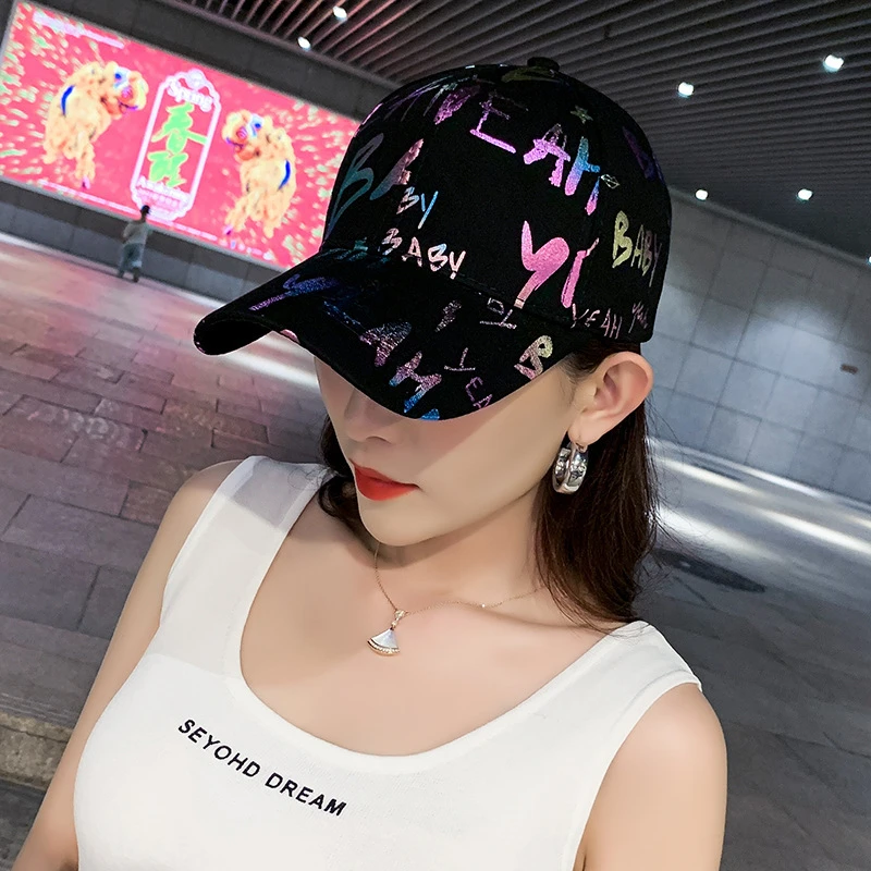 日韩潮流个性街头棒球帽潮牌男女印花黑色帽子休闲运动百搭鸭舌帽