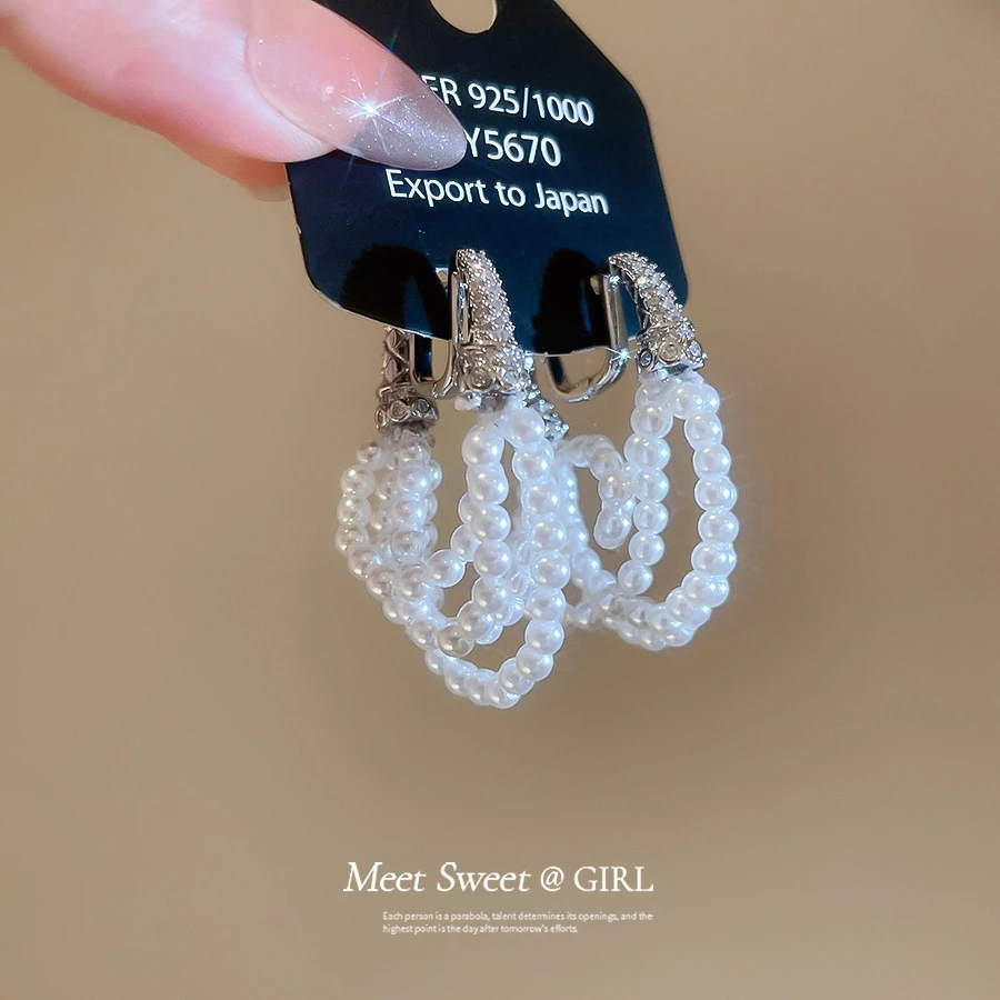 铜合金仿珍珠耳饰 法式复古风多层珠珠流苏耳环时尚气质独特耳饰