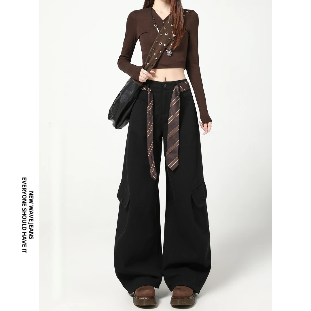 黑色工装休闲裤女秋冬新款老钱风松弛感高腰显瘦宽松弯刀阔腿裤子