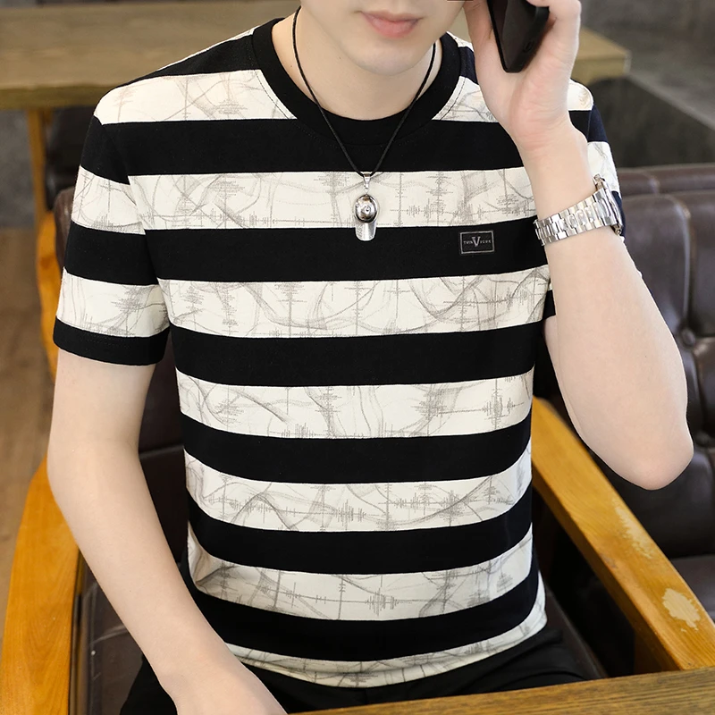 20-50岁男人夏天条纹洋气短袖T恤男士轻奢潮流运动休闲青年上衣服
