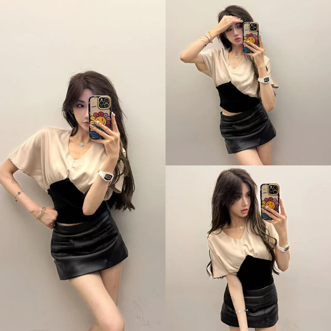 V领蝙蝠袖拼接高级撞色收腰上衣