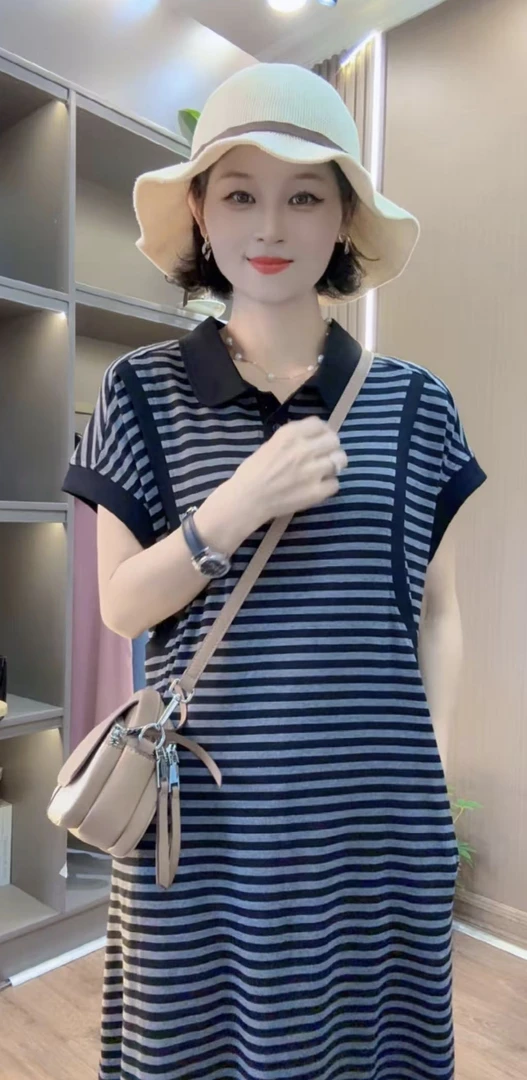气质小翻领休闲遮肉条纹宽松撞色polo领夏季连衣裙9956