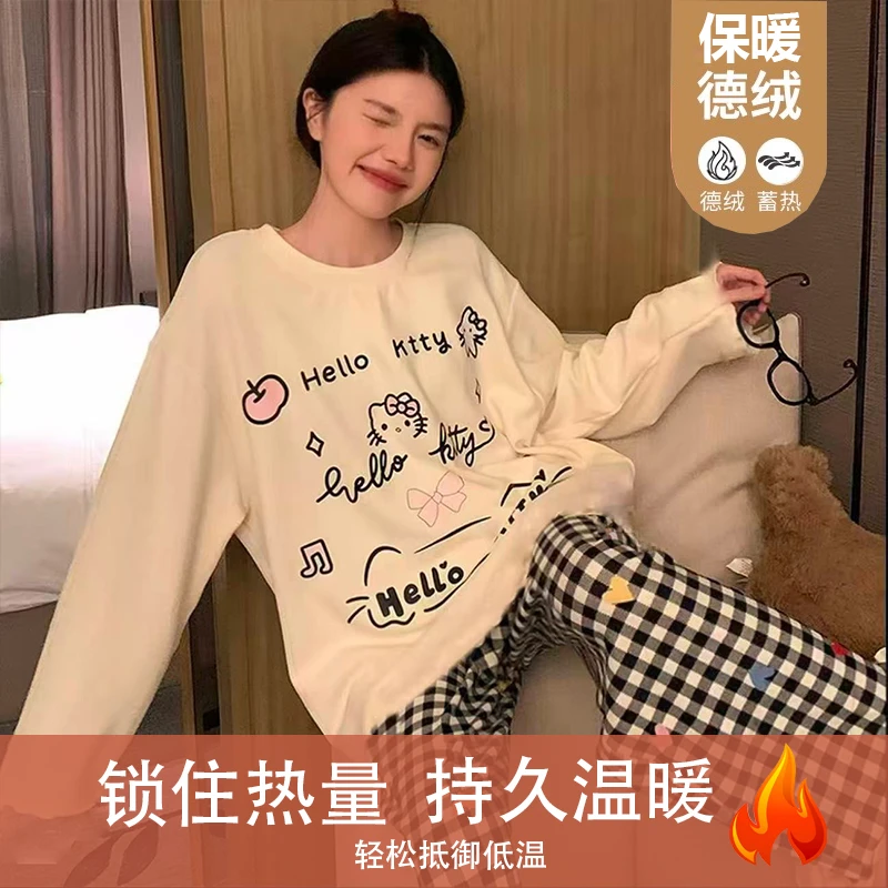 【德绒-圆领米白字母猫】德绒秋冬加厚睡衣可爱甜美休闲家居服套装