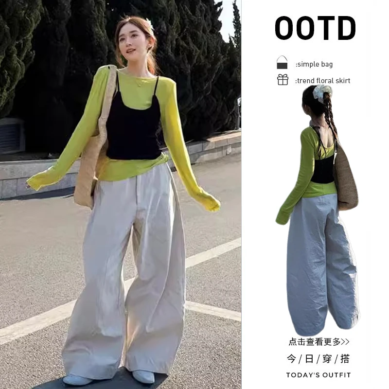 早春穿搭一整套女装2025新款韩版叠穿马甲打底衫百搭阔腿裤三件套