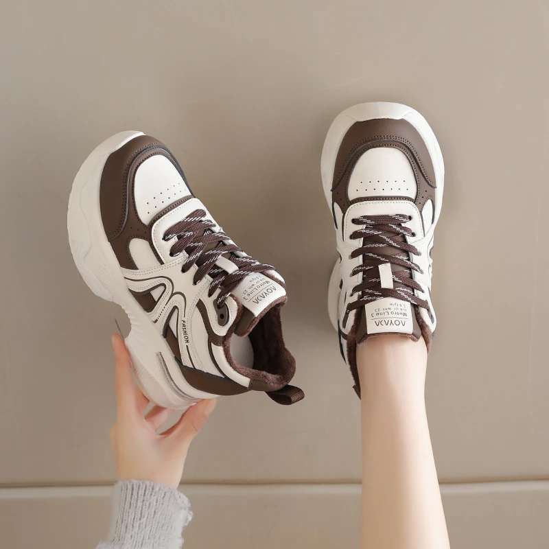 加绒棉鞋ins卡其厚底老爹鞋冬季运动鞋小白鞋内增高