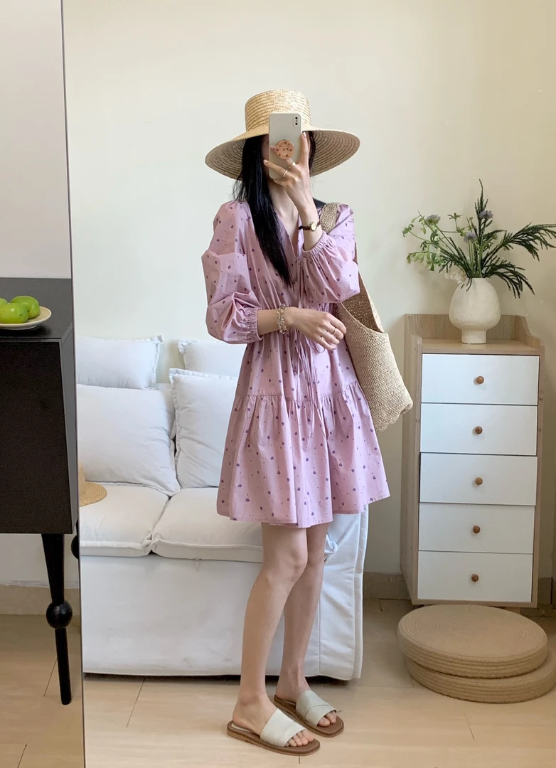 FY新品 韩系印花v领抽褶系带拼接连衣裙(New夏季新款)