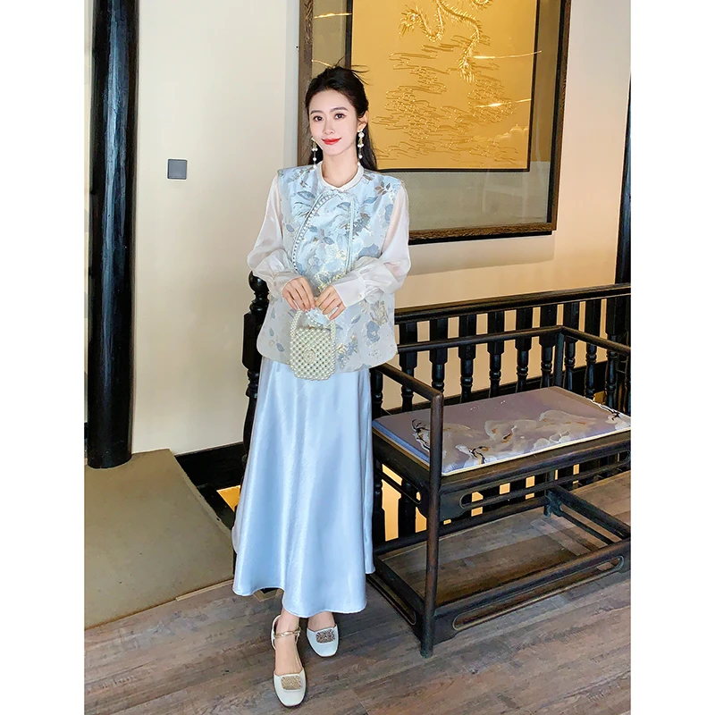 果果家 新中式宽松拼接马夹2025春季女刺绣提花百搭时尚气质马甲