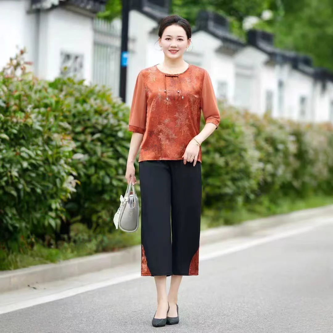 9491 红【上衣+裤子】夏季新款新中式国风气质洋气妈妈装套装（A仓）