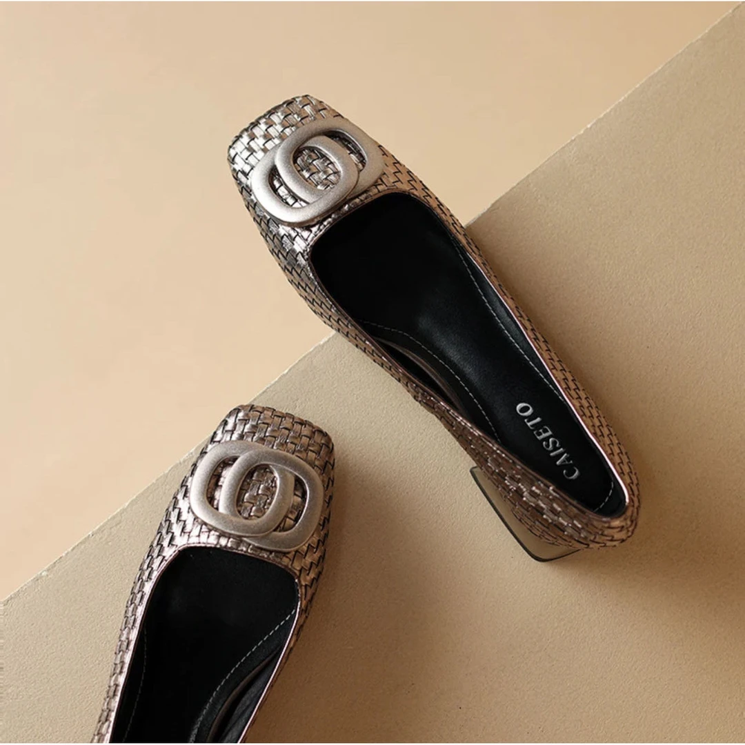 头层牛皮/3cm/新款时尚百搭舒适真皮编织方头中跟女鞋CST-24D261