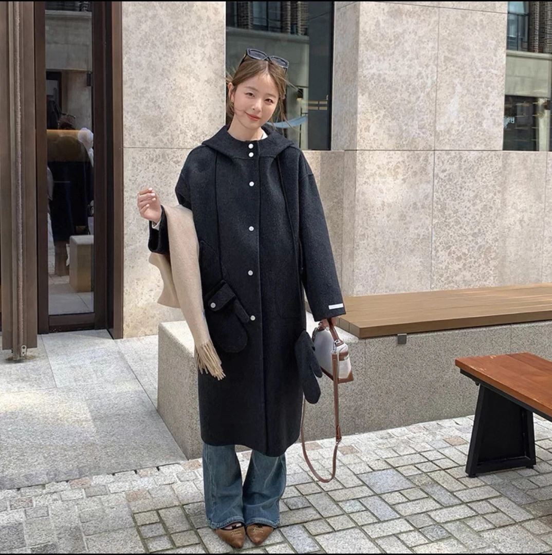 灰灰呀！反季清仓！手套款！黑灰色长款连帽双面毛呢大衣