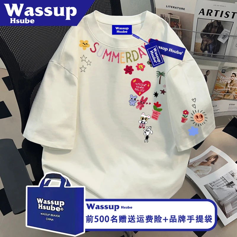 WASSUP HSUBE卡通印花T恤ins白色纯棉夏多巴胺穿搭短袖男女款上衣