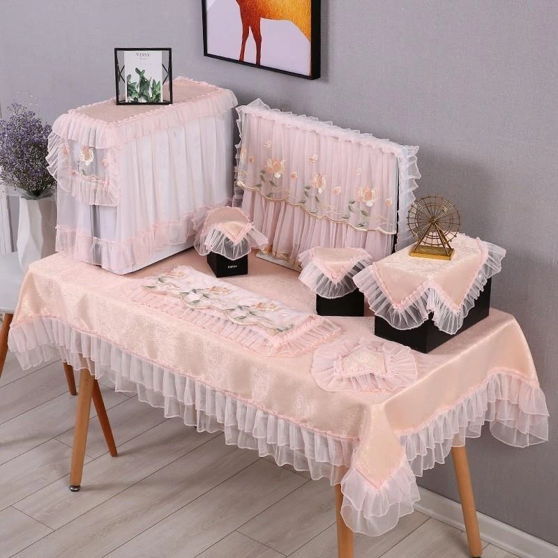 电脑布桌防尘盖布开 机不取套桌上型电脑显示器装饰罩田园蕾丝布A