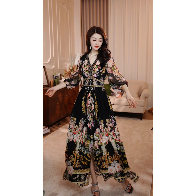 【月光女皇】25年定位花优雅气质收腰新名媛风高级度假连衣裙