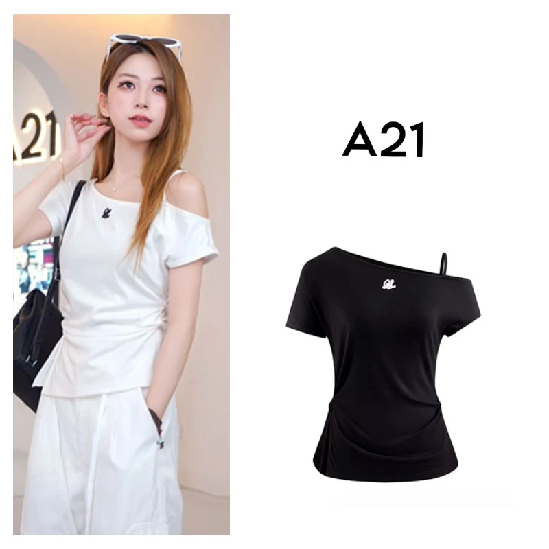 A21女装修身圆领套头短袖T恤休闲简约上衣F452231012