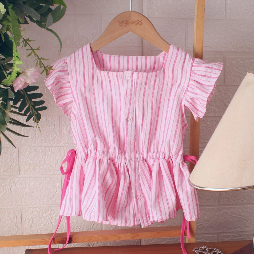 女童时尚竖条纹衬衫韩版宝宝夏季飞袖衫儿童休闲上衣粉色甜美