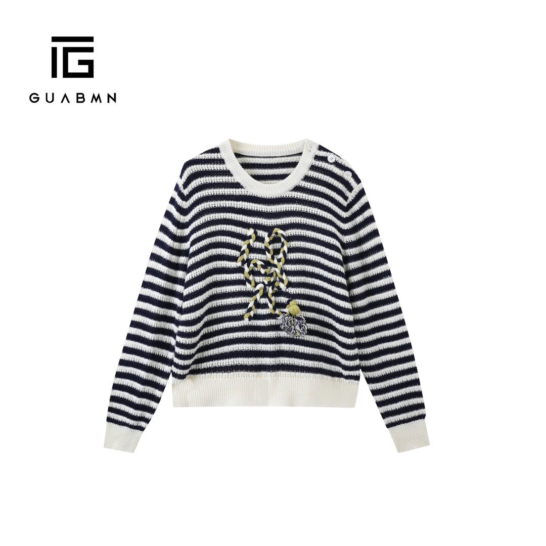 GUABMN2025秋季新款翻花挑洞条纹女休闲针织衫3712