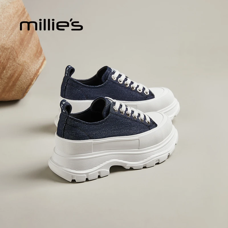 MILLIE'S妙丽系带运动休闲鞋2025秋季新款增高帆布鞋松糕厚底板鞋