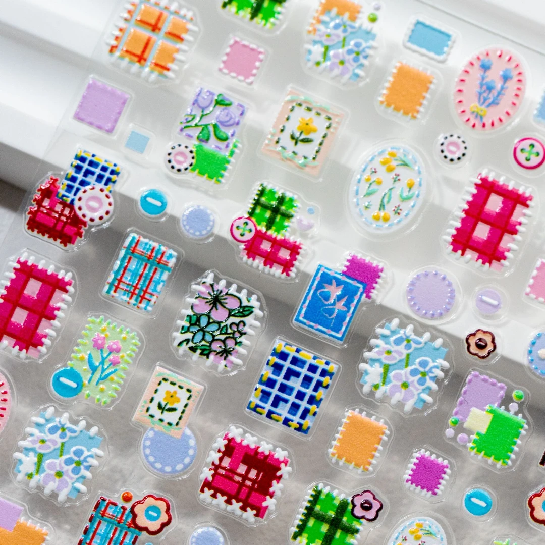 新款纽扣美甲立体贴纸线条花花浮雕复古格子指甲背胶小香风装饰贴