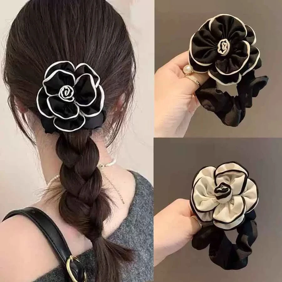 盛夏山茶~新款缎面手工花朵发圈头饰发饰后脑勺盘发头绳皮筋肠圈