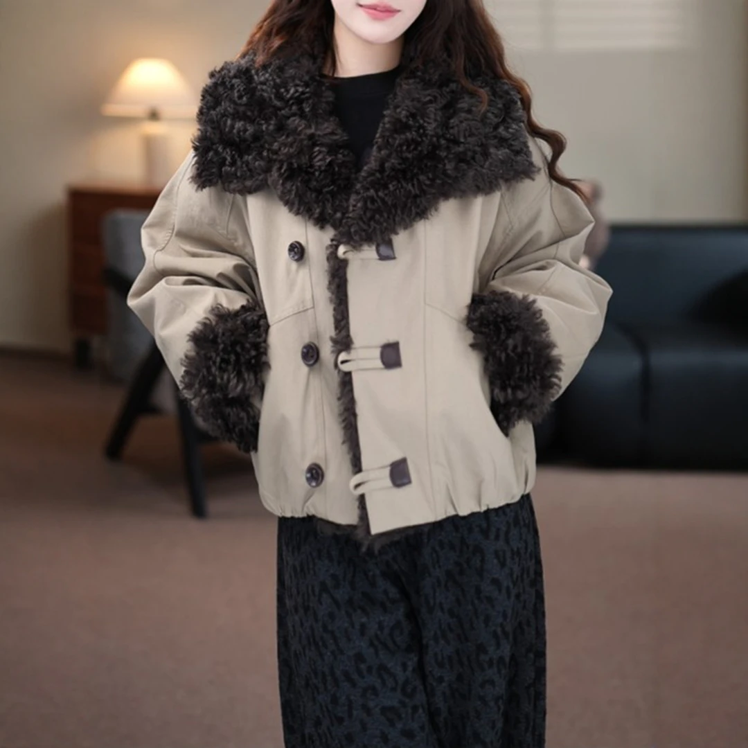 复古加厚撞色毛领棉服女2025冬季新款小个子时尚百搭保暖洋气外套