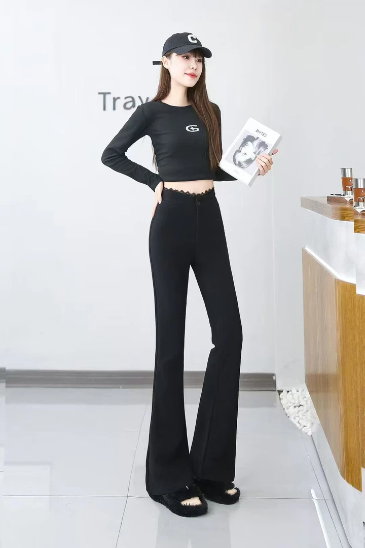 【正版+运费险】加厚加绒蕾丝喇叭女神裤黑色高腰显高显瘦马蹄裤