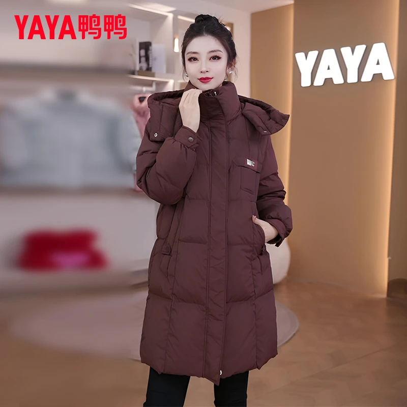 YAYA/鸭鸭羽绒服女时尚百搭24冬新款爆款休闲连帽保暖长款外套女