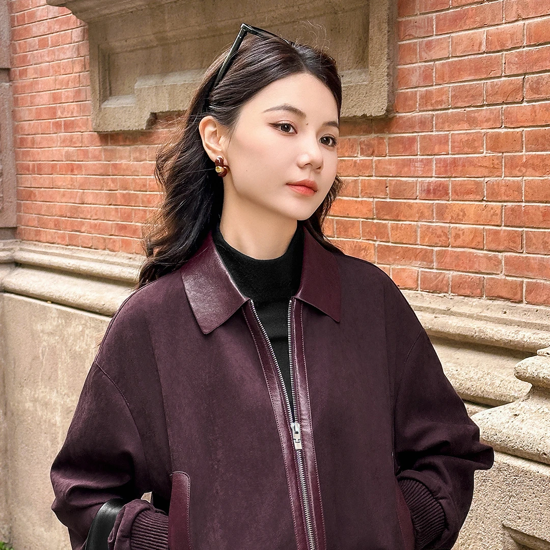 谭飞【安可拉红皮衣】官方冬季新款复古时髦气质深红色短外套女士