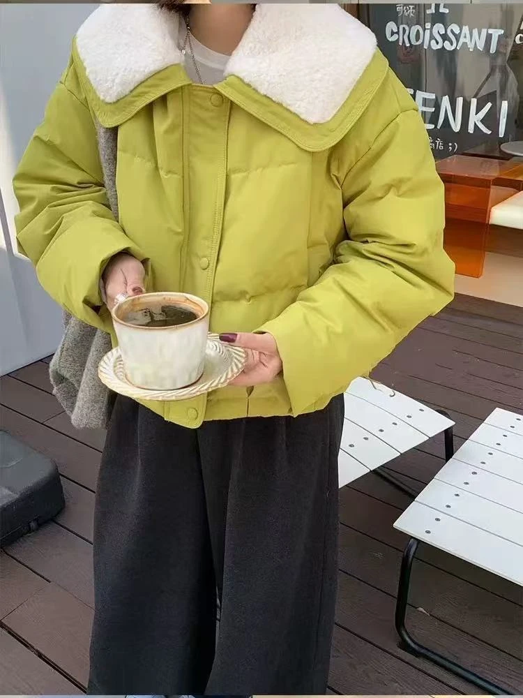 01151-4-DQ芥末绿色大翻领加厚短款外套