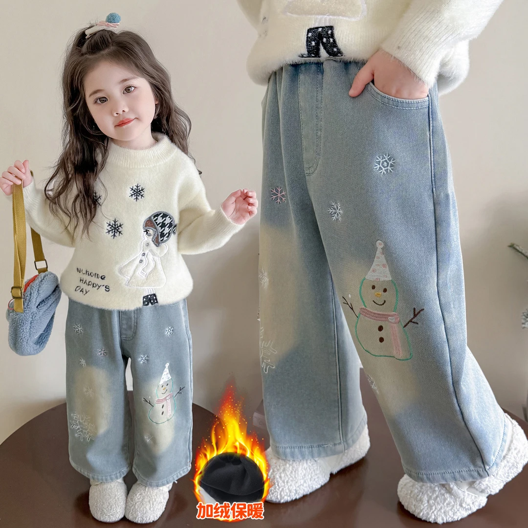 女童卡通一体绒加厚牛仔裤秋冬款2025新款儿童韩版时尚