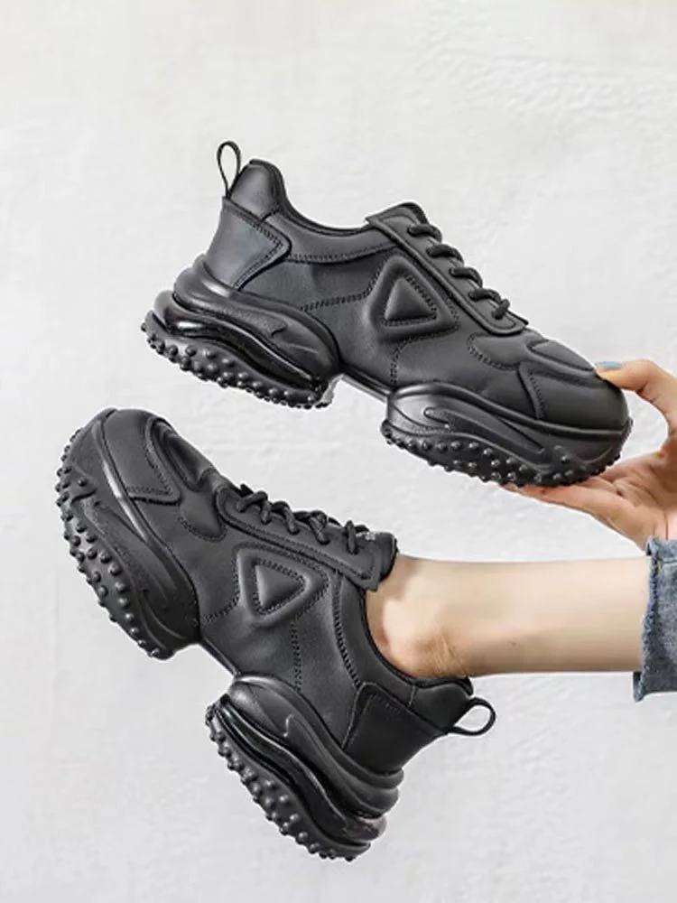 C1694 黑色 时尚厚底圆头系带超轻女休闲运动鞋  老爹鞋