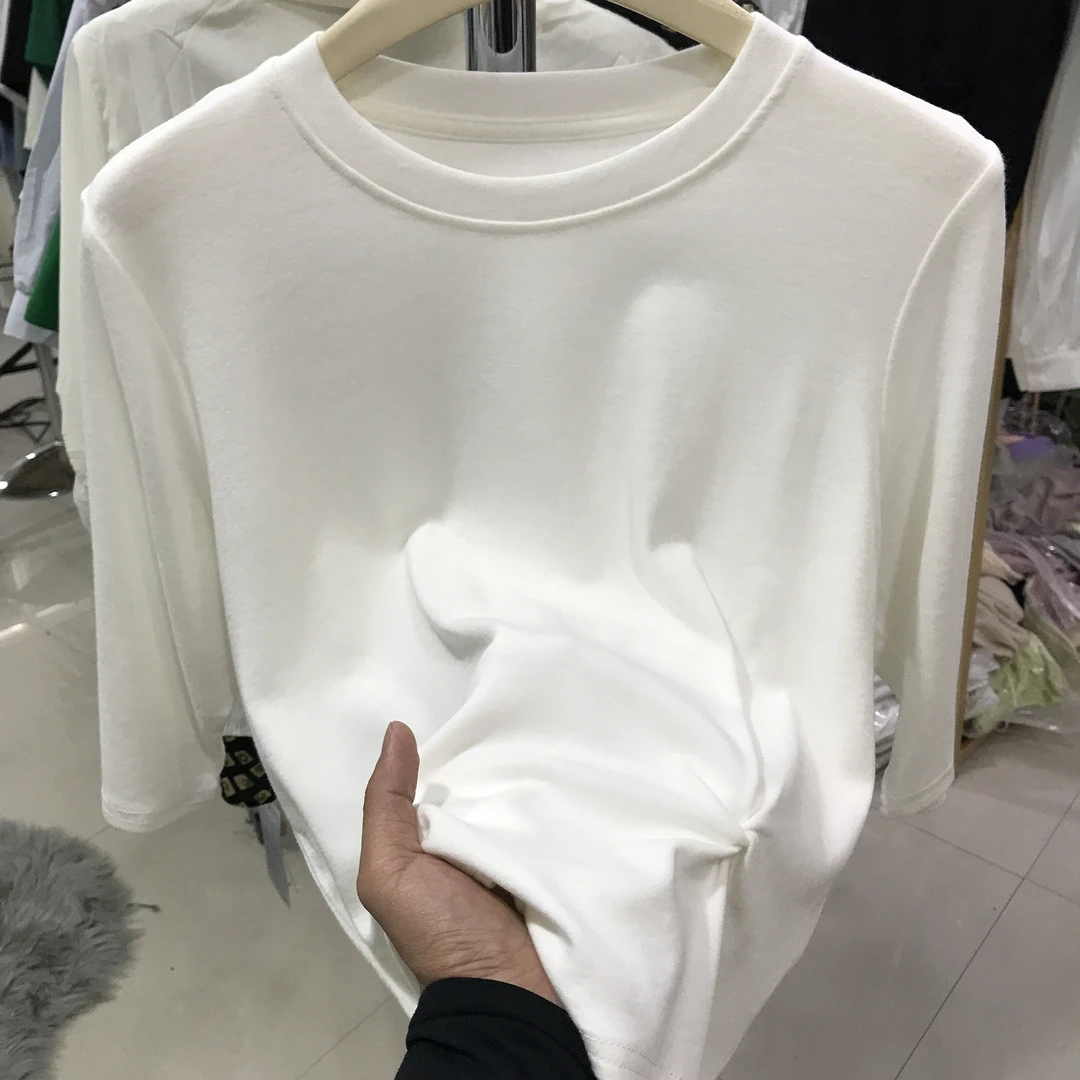 【9845】褶皱宽松型T恤圆领半袖轻熟风时尚轻职风纯色常规款