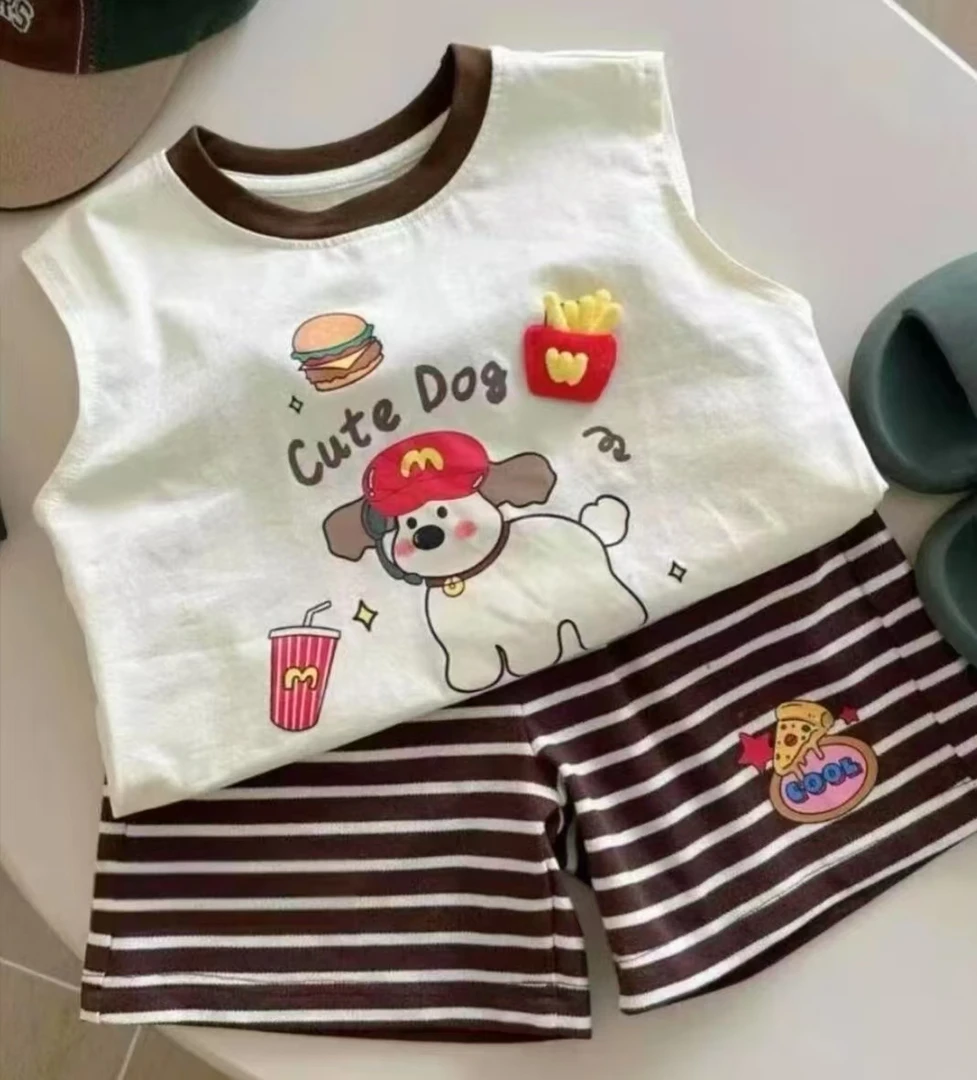 【薯条狗】儿童无袖背心套装夏季新款中小童宝宝洋气宽松衣服卡通