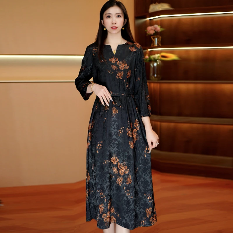 墨彩烟华 气质中长款时连衣裙百搭遮肉裙子