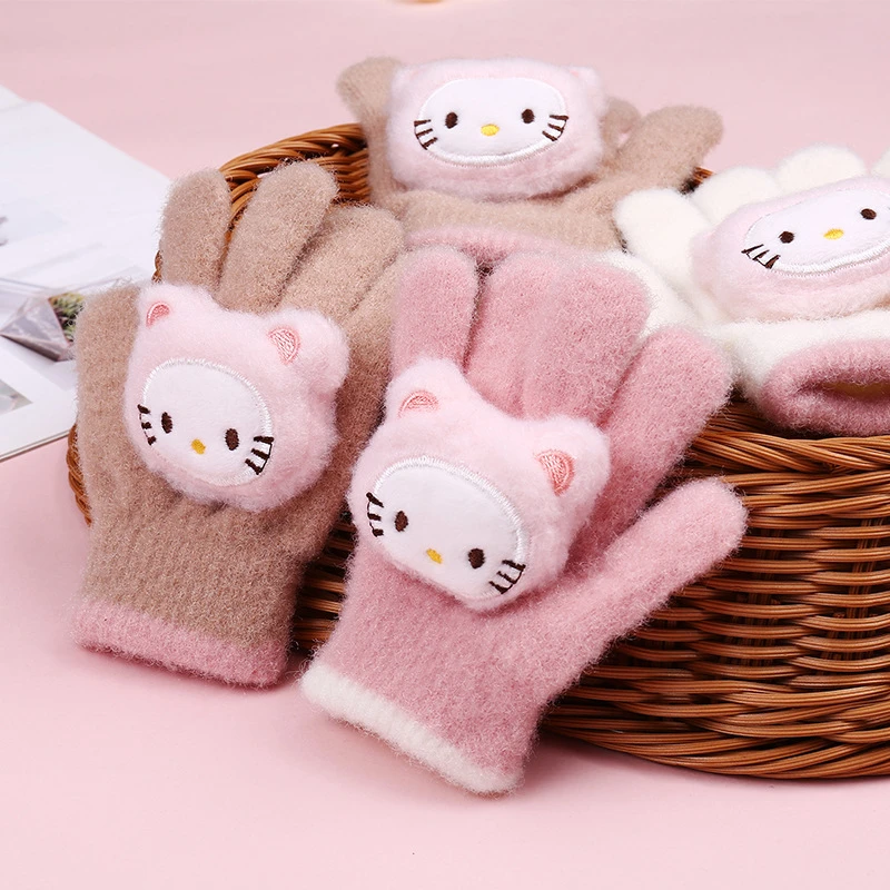 冬季新款kitty毛绒手套防风保暖卡通五指分指小孩婴童防寒手套