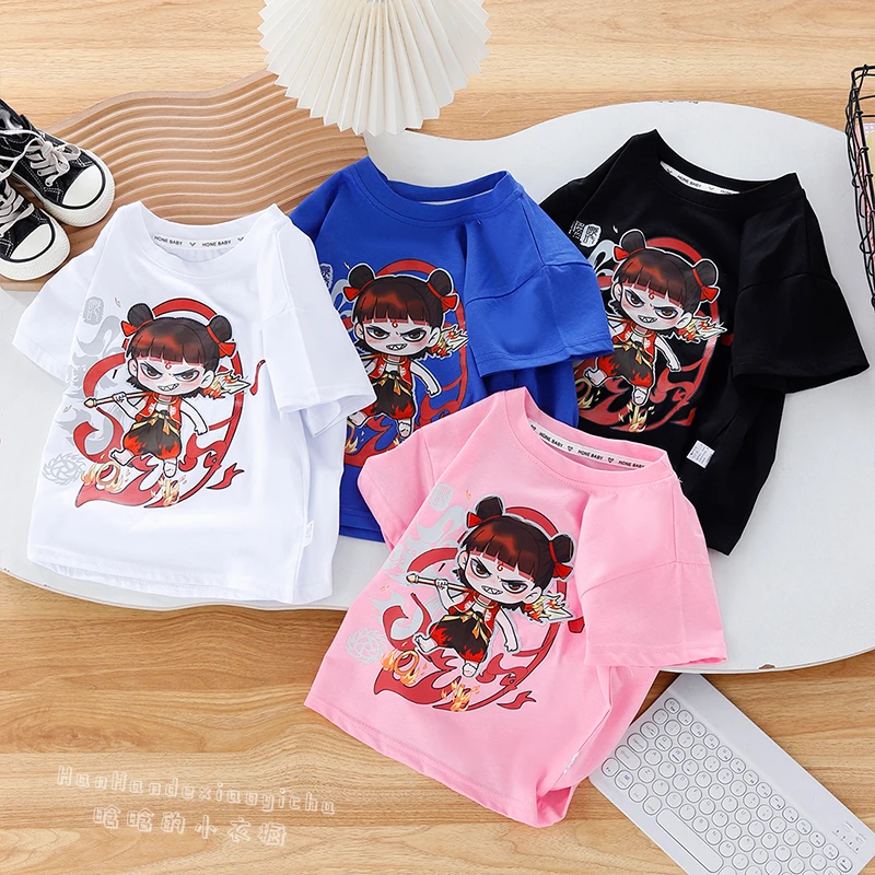 【哪吒亮灯纯棉短袖】儿童卡通印花贴布酷闪闪宽松上衣潮酷炸街T恤