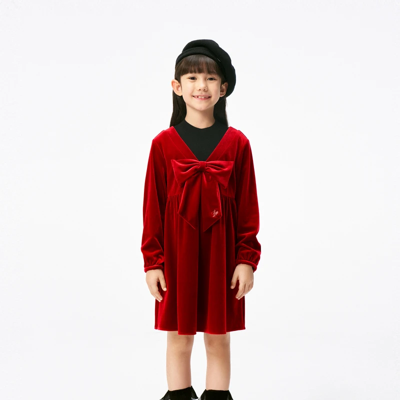 littlemoco童装25春装新款女童长袖连衣裙丝绒蝴蝶结#KBE1DRS030